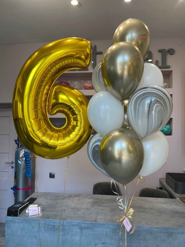 Helium foil digit and balloons in gold and white colors