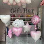 Hello Baby foil balloon and white and pink heart balloons