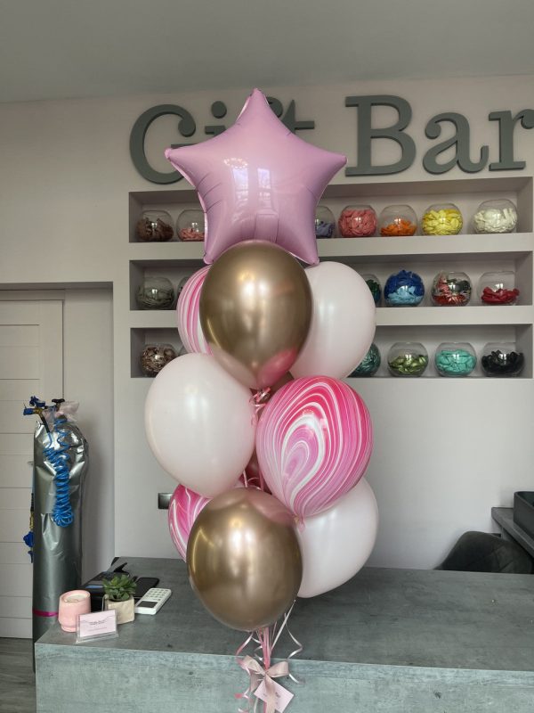 Foil balloons and bouquet of latex helium balloons