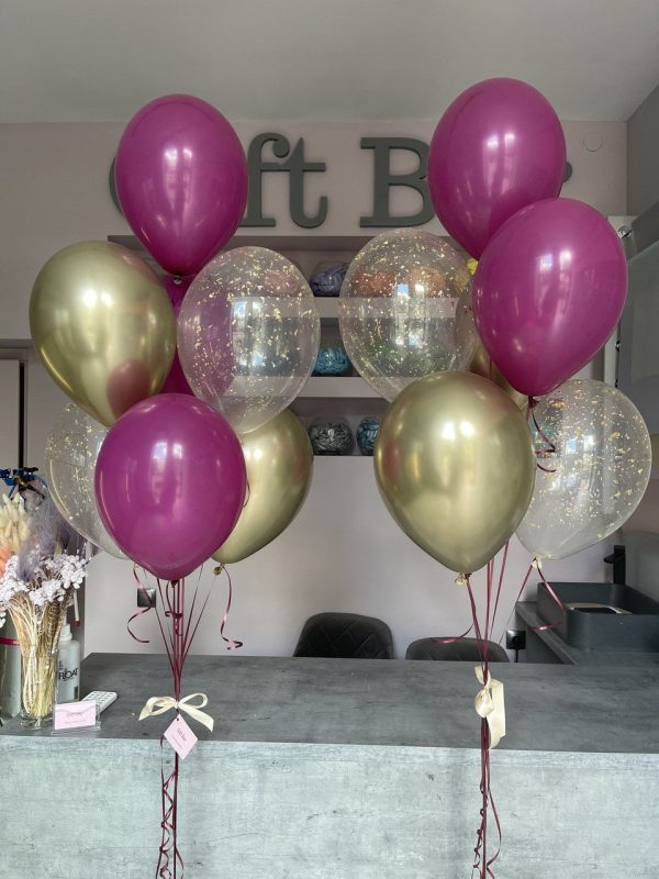 Balloons with confetti, gold and dark grape