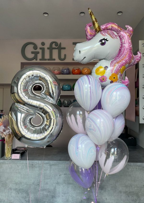 Silver helium digit and Unicorn bouquet