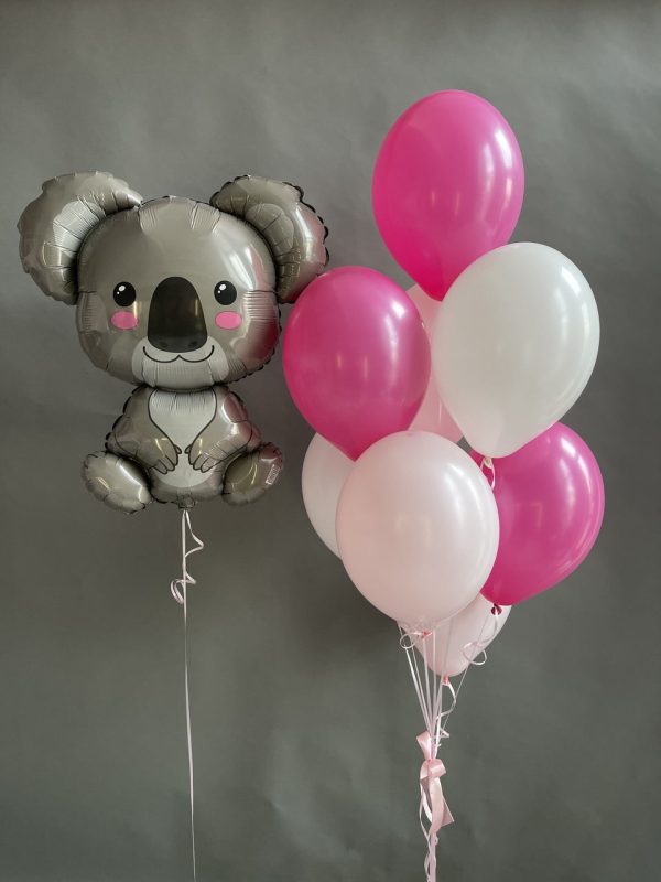 Bouquet of white and pink balloons with Koala