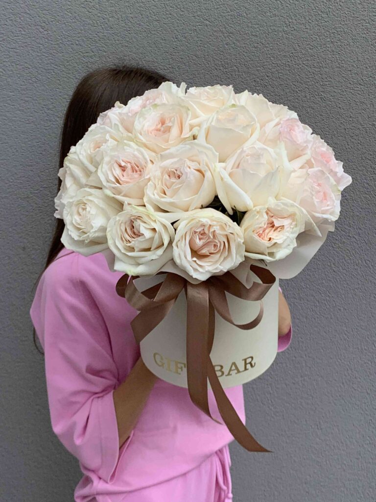 White O’Hara roses in flowerbox