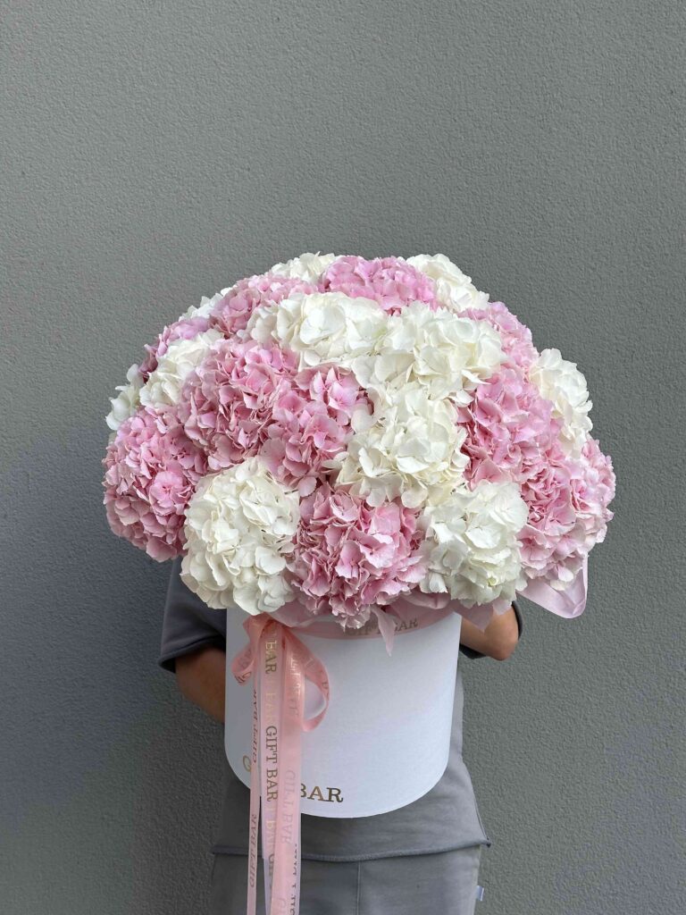 Mix of white and pink hydrangeas in flowerbox