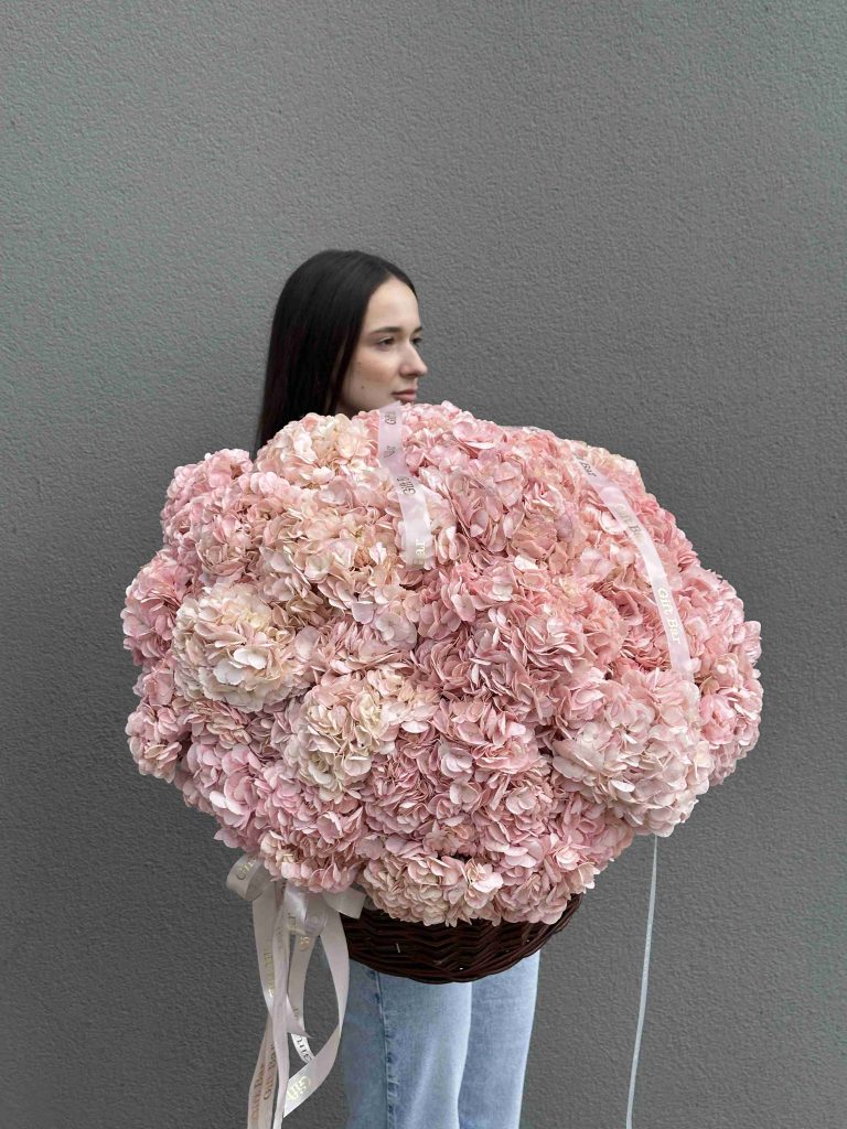 Basket of pink hydrangeas